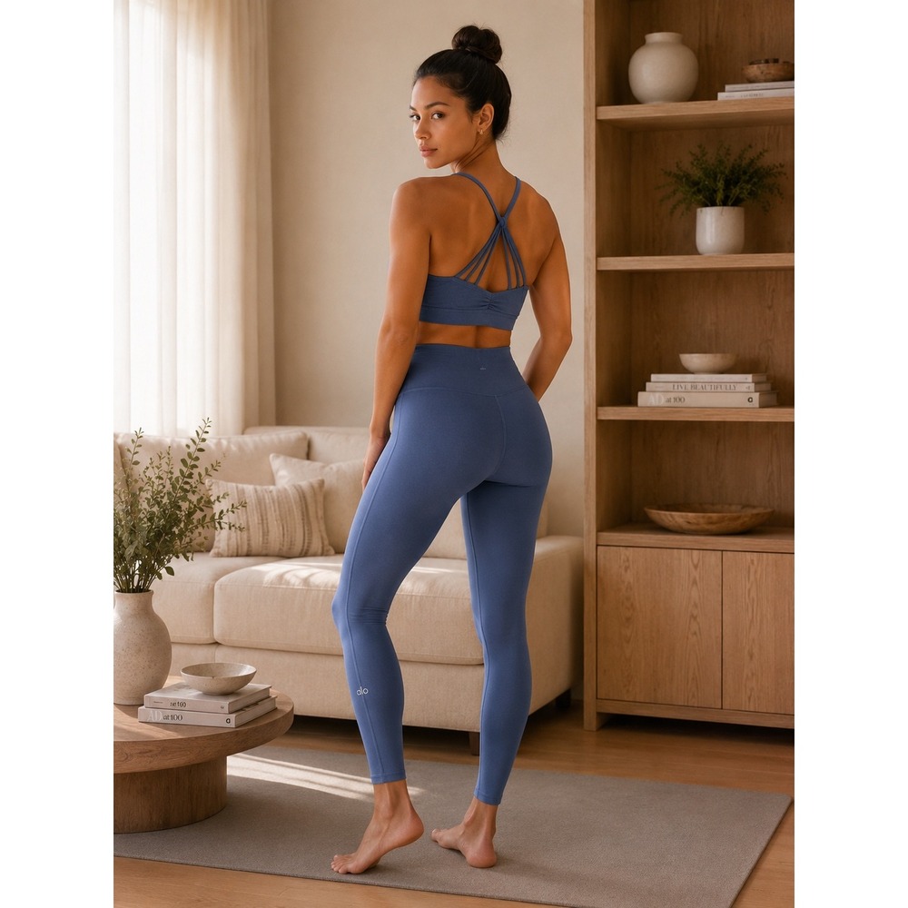 Alo Yoga Sunny Strappy Bra Blue Heathered Ruched Low Impact Sports Bra XS